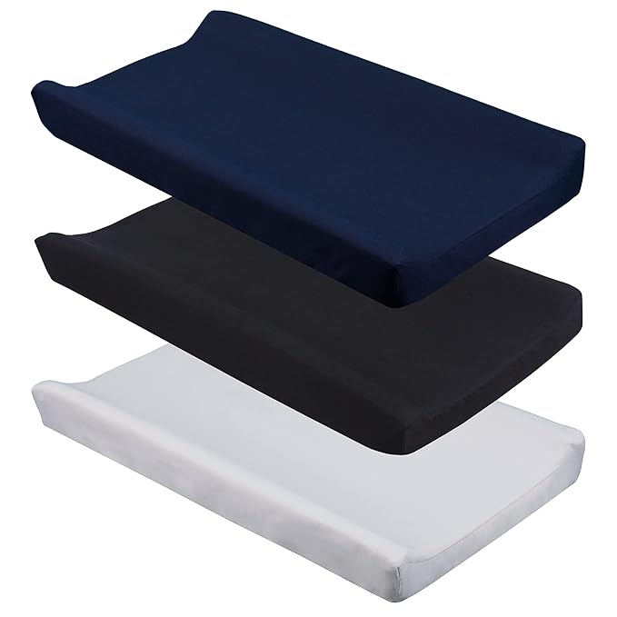 CaSaJa Diaper Changing Pad Cover for Baby Boys Set of 3, Snug Fit 4-Sided Contoured Changing Table Pad 16x31 16x32, Fitted Change Pad Sheet Navy Gray Black, 100% Silky Soft Breathable Microfiber