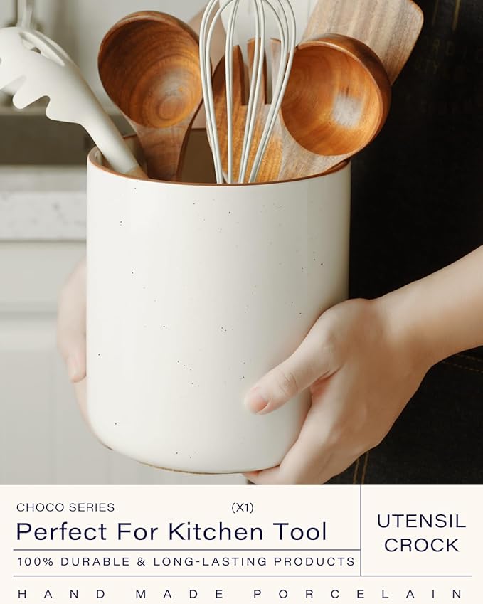 getstar Kitchen Utensil Holder, Large Ceramic Cooking Utensil Holder (H7.2” x W6.2”) for Kitchen Counter with Cork Mat at Bottom (White)