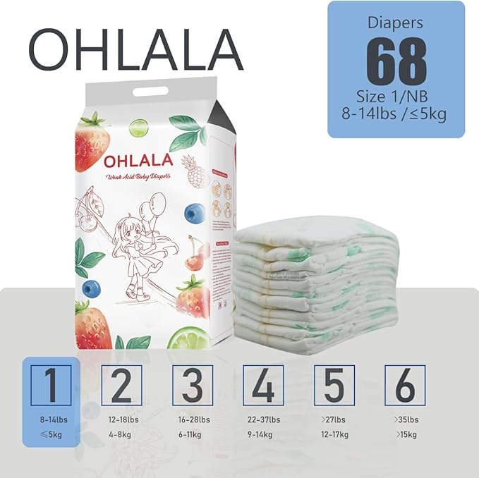 OHLALA Size 1 Baby Diapers | Ultra-Thin Overnight Protection 0-3 Months | 12-Hour Leakproof & Hypoallergenic (68 Count) | Eco-Friendly, Fragrance-Free Newborn Diapers