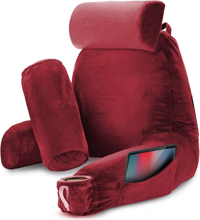 Nestl Reading Pillow Large Bed Pillow, Back Pillow for Sitting in Bed Shredded Memory Foam Chair Pillow, Reading & Bed Rest Pillows Red Back Pillow for Bed, Bed Chair Arm Pillow with Pockets