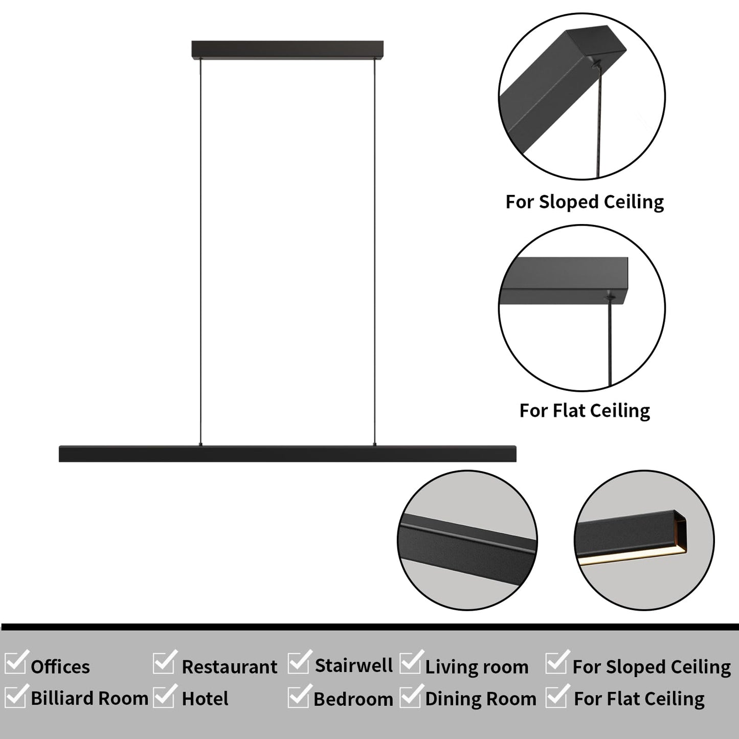 Zihoi Modern Ceiling Pendant Light 57In Led Black Linear Ceiling Chandelier Light Dining Room Living Room Warm & Cool  Neutral Light Aluminum Island Lighting Hanging Pendant Light For Kitchen