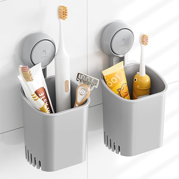TAILI Suction Toothbrush Holder 2 Pack, Powerful Toothpaste Toothbrush Suction Cup, Self-draining Shower Razor Holder, Shower Toothbrush Holder for Wall, Kitchen Tableware Holder, Gray