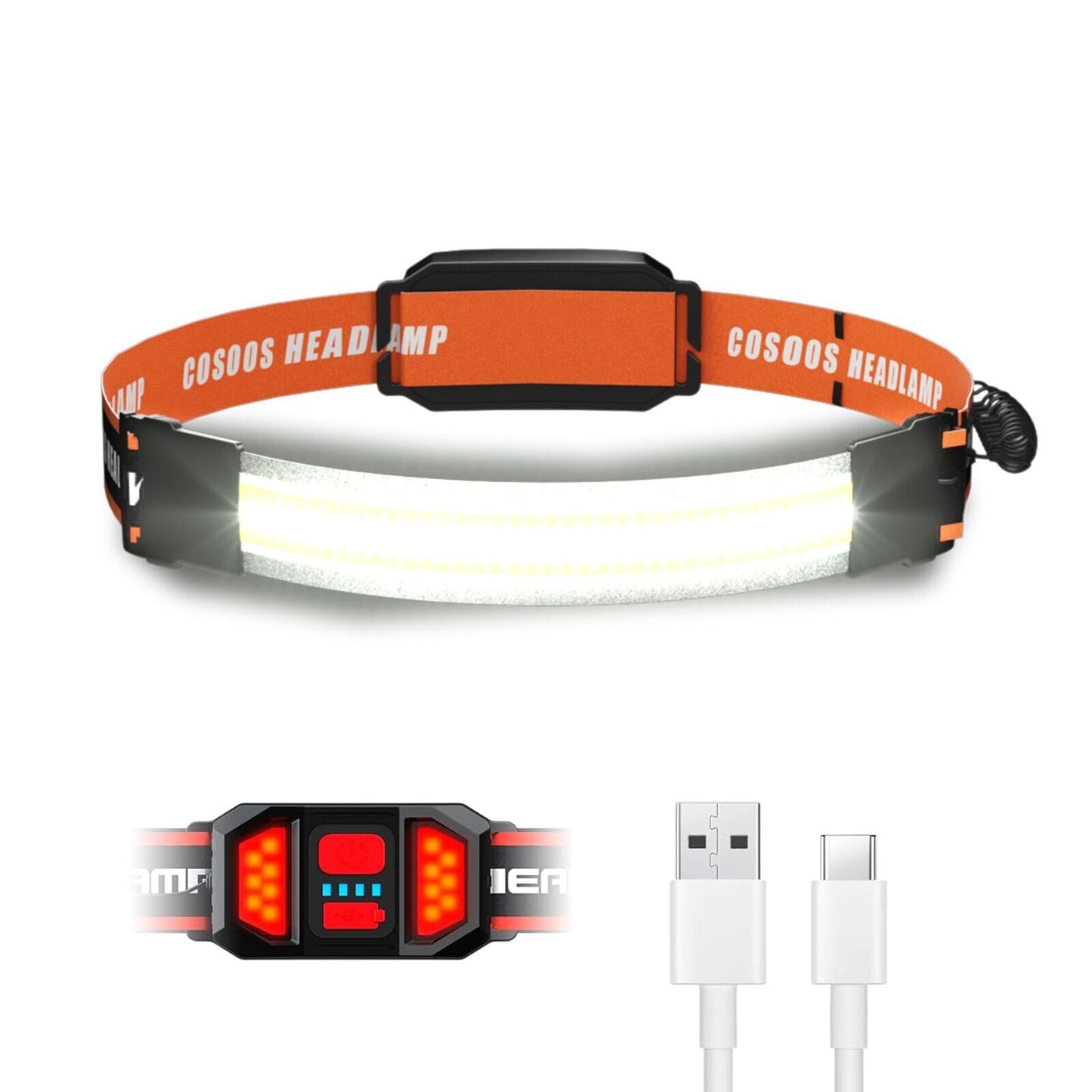 Cosoos Rechargeable Headlamp - 500 Lumen Led, Adjustable Headband, Lightweight, Orange Red, Model: Wide Light, Perfect For Hiking & Camping