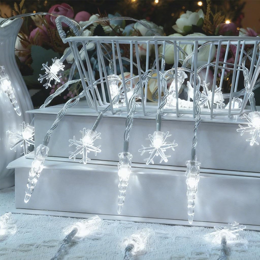 Gradesin 20Ft Icicle String Lights, 40 Led, Battery Operated, Cool White Acrylic For Indoor Christmas Decorations
