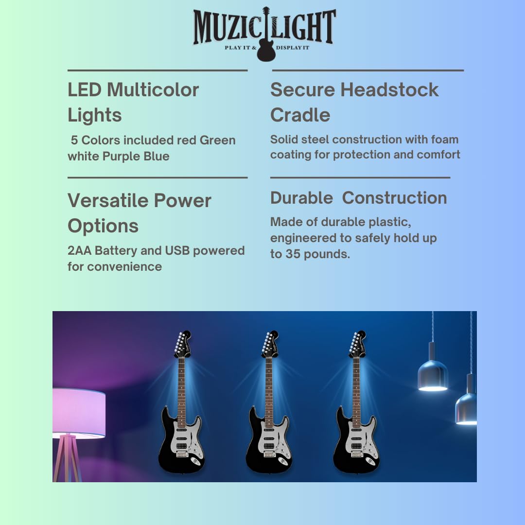 Muziclight Light Up Guitar Wall Mount, Led Guitar Wall Hanger, Guitar Wall Bracket With Light, Lit Holder For Electric Guitars,