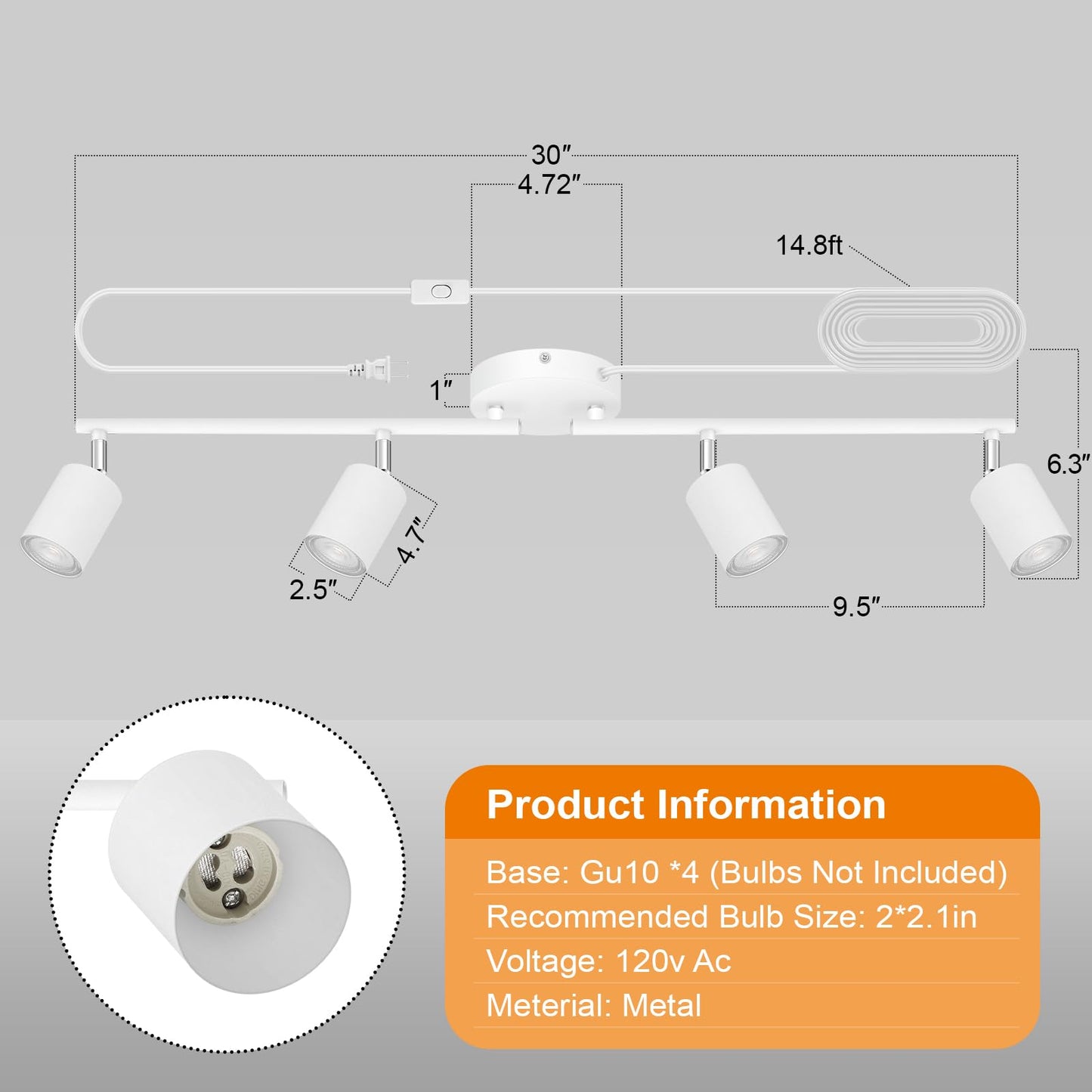 Track Lighting Plug In  Led Track Lighting Fixtures Ceiling Kit  White 4-Light Ceiling Light Plug-In  Wall Light With 14.8Ft Power Cord  Rotatable Kitchen Spotlight For Bedroom(Gu10 Socket  No Bulb)