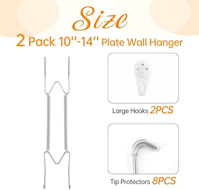2 Pack Plate Hangers for The Wall, Suitable for 10-14 inch Art Plate, Stainless Steel Invisible Heavy Duty Wire Plate Holder with Wall Hooks, Plate Hangers for Displaying Plates, Platter, Dish, Silver