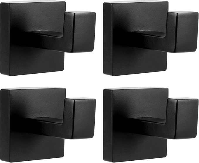 4 Pack Black Towel Hook, Matte Black Stainless Steel Wall Hooks for Bathrooms, Heavy Duty, Square, Robe Hooks, for Bathroom, Kitchen, Bedroom