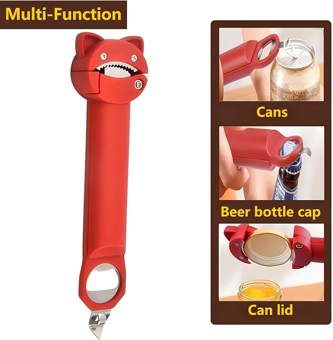 Multi function Retractable Magnetic Can Opener and bottle cap opener for Weak Hands, Arthritic Hands, Seniors,Low Strength and Children with Beer Opener Kitchen Gadgets(Red)