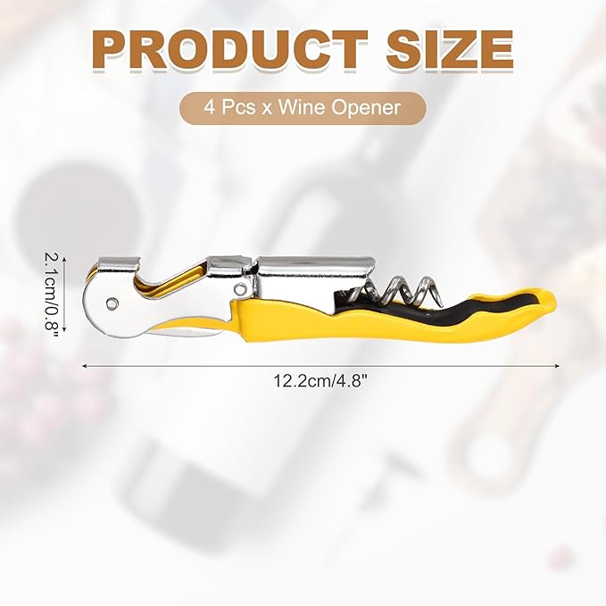 uxcell 4 Pcs 4.8" Stainless Steel Wine Opener, Waiter Corkscrew Professional Wine Key Bottle Opener with Double Hinged Foil Cutter for Bar Servers Waiter Bartender and Home, Yellow