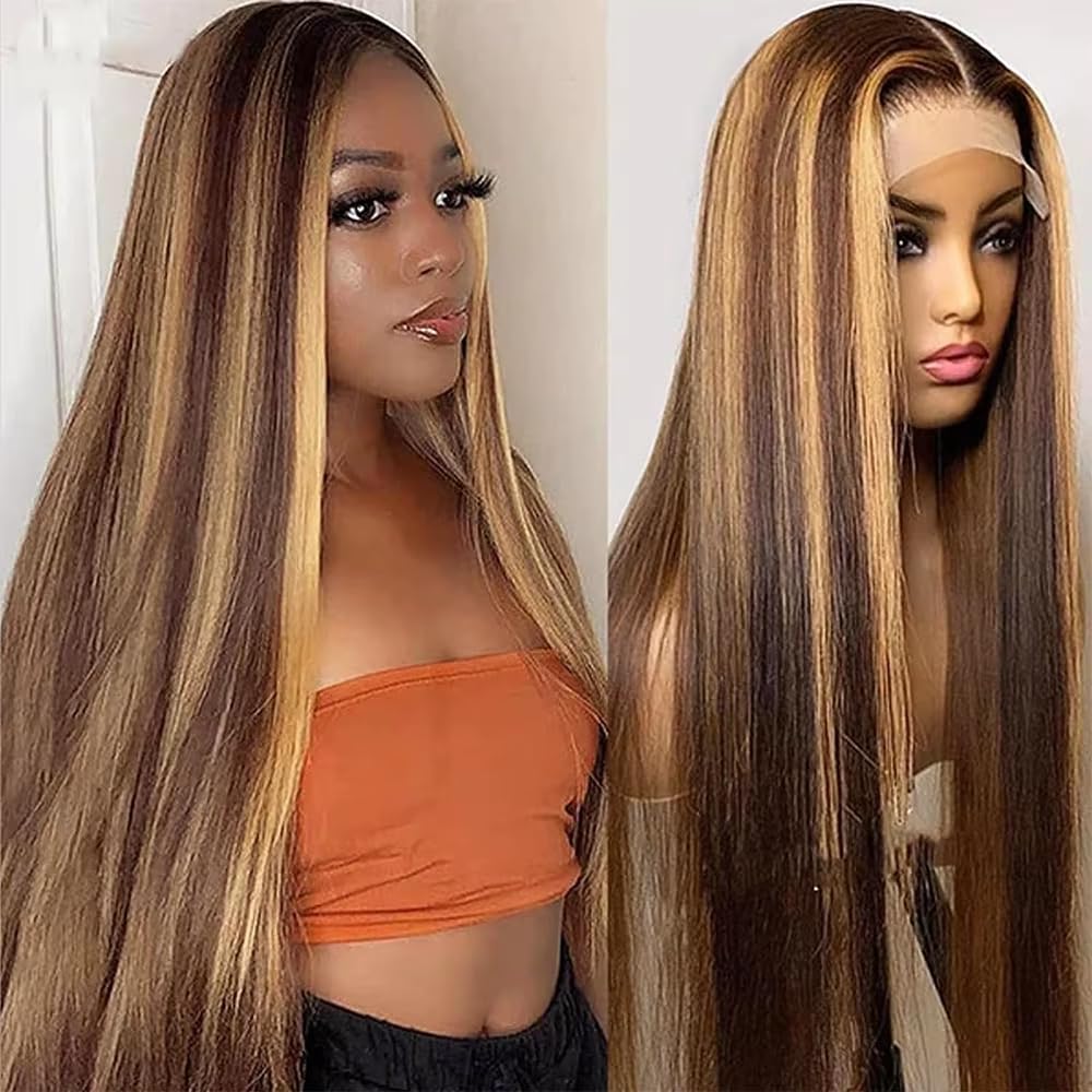 KFgood Ombre Lace Front Wig Human Hair 34inch Highlight 13x4 HD Straight Lace Front Wigs Human Hair 200% Density 4/27 Colored Ho