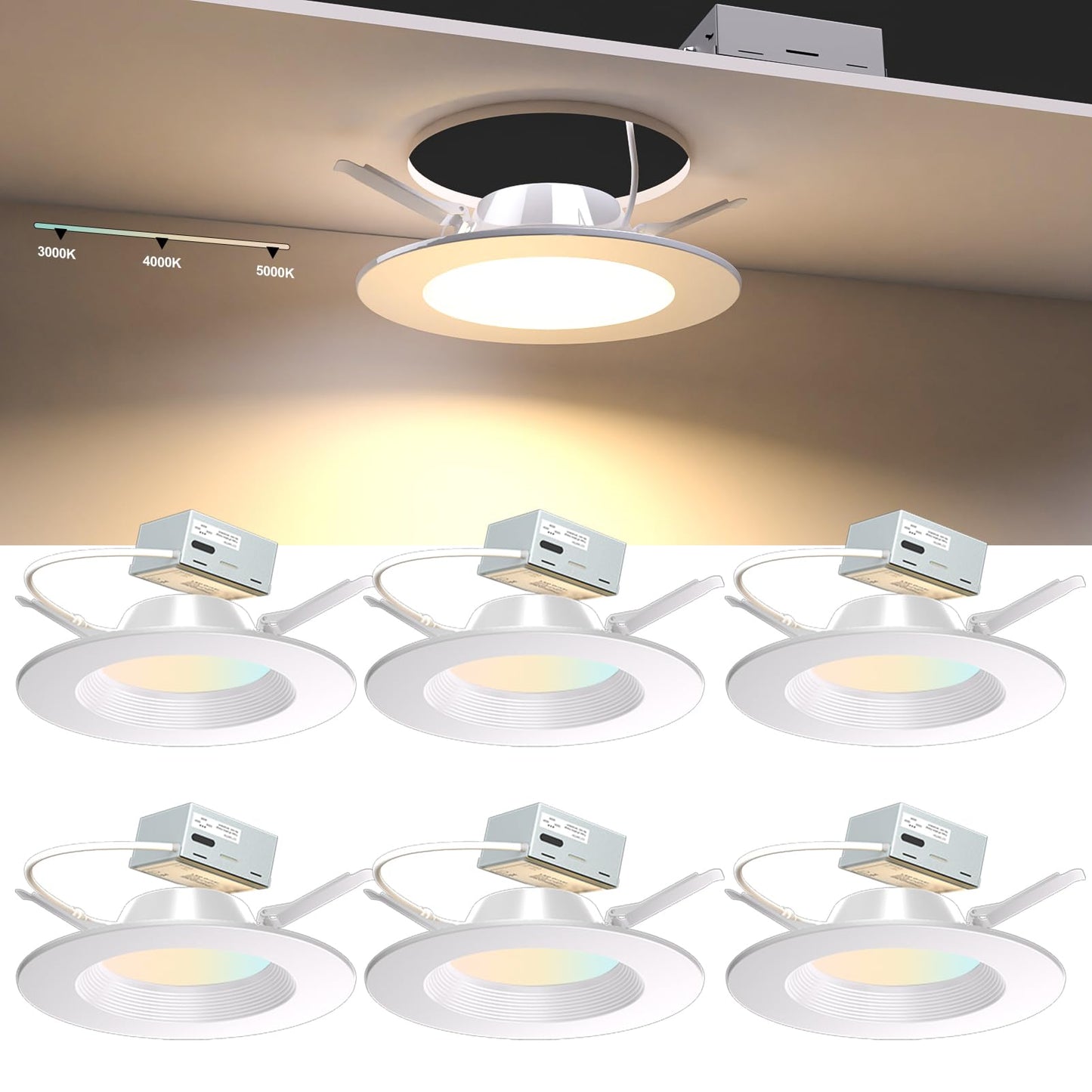 Lightdot 12W Dimmable LED Downlight 3CCT Selectable, 6 Inch, White, Model LRC-07, Fixed 6 Pack