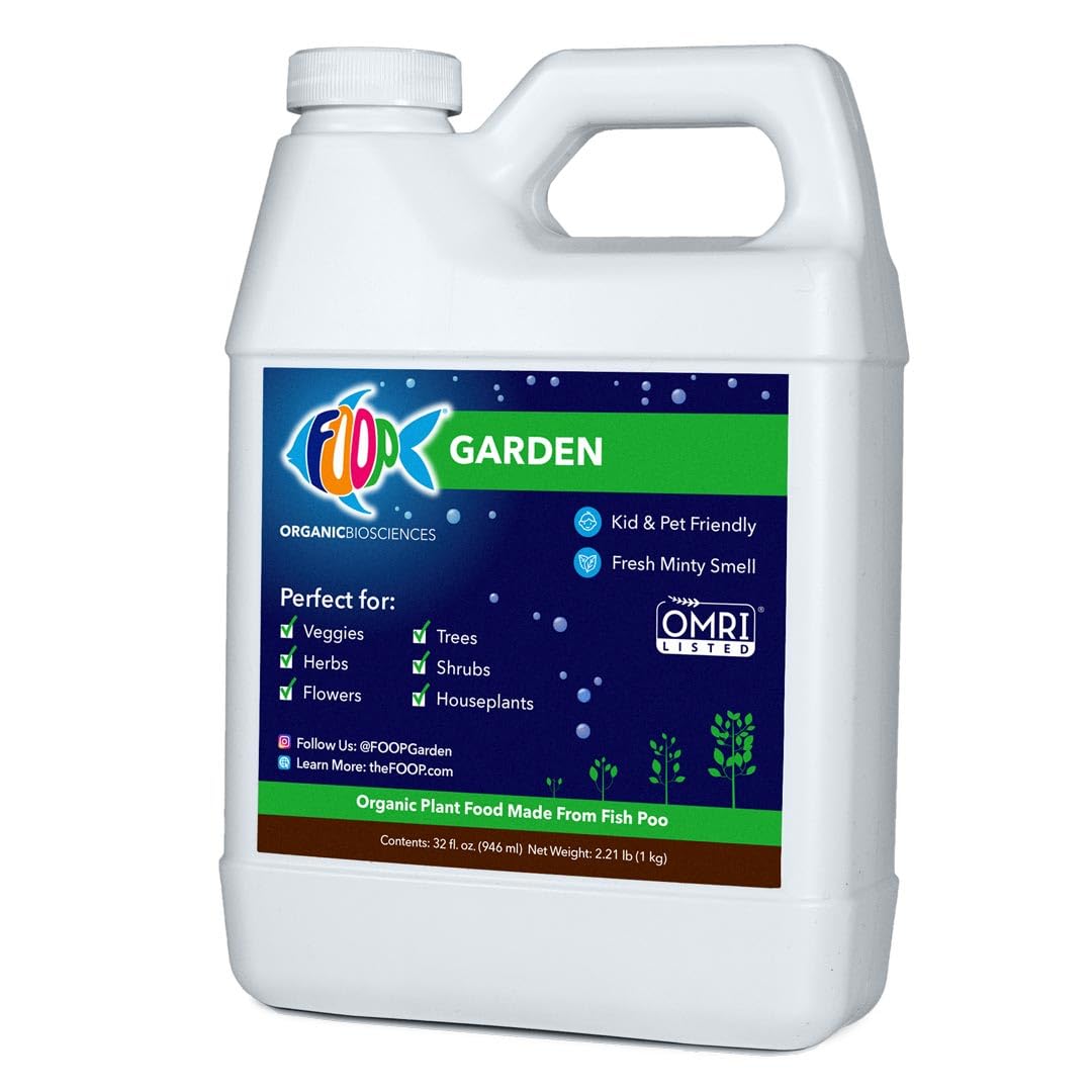 FOOP Garden - Organic Liquid Plant Food Made from Fish Manure (with Fresh Minty Scent) | Fish Fertilizer Alternative Perfect for Veggies, Herbs, Flowers,Trees,Shrubs | Kid&Pet Friendly (32oz)