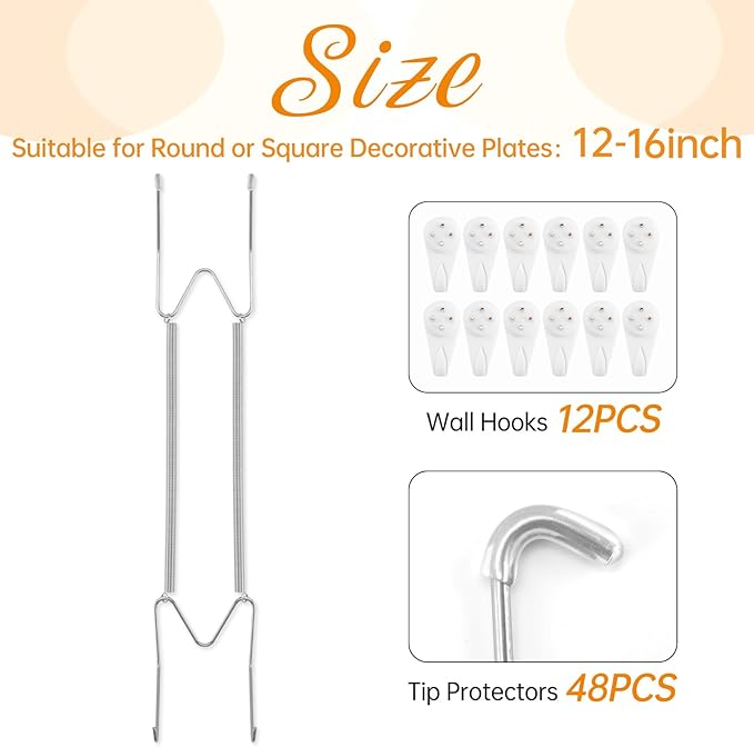 Bilillo 12 Pack Plate Hangers for The Wall, Suitable for 12-16 inch Art Plate, Stainless Steel Invisible Heavy Duty Wire Plate Holder with Wall Hooks, Plate Hangers for Displaying Plates, Silver