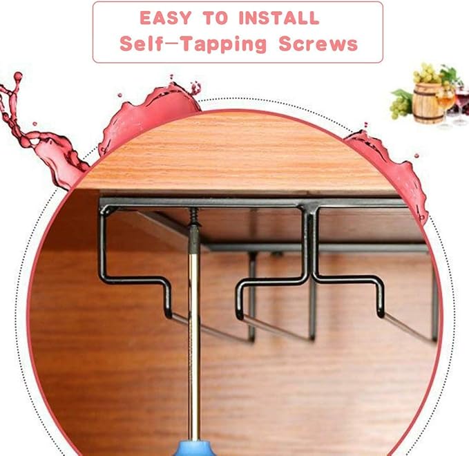 Wine Glass Rack Under Cabinet - Stemware Holder Metal Wine Glass Organizer Glasses Storage Hanger for Bar Kitchen Black 4 Rows