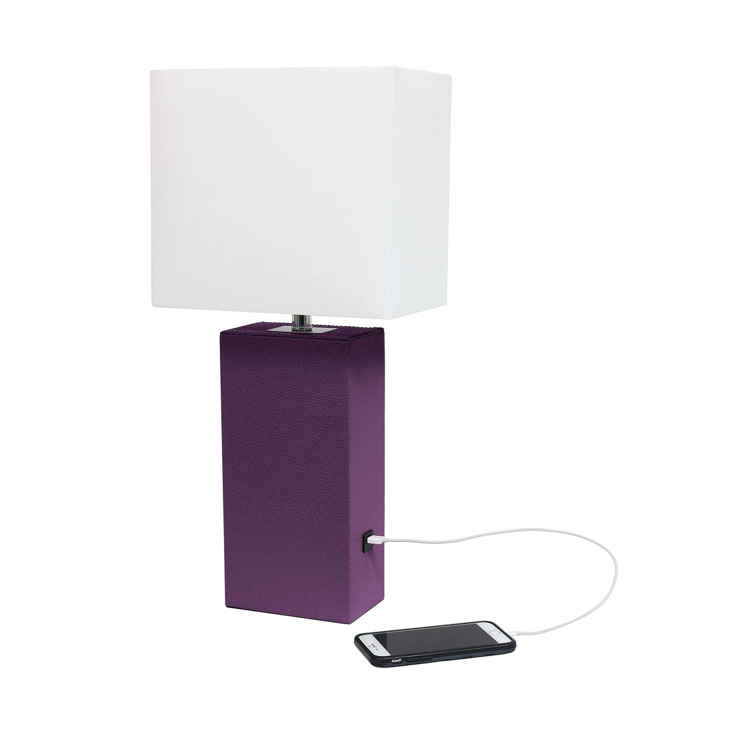 LALIA HOME Lexington 21in Leather Base Bedside Table Lamp, USB Charging Port, Eggplant Purple, Model LHT-3012