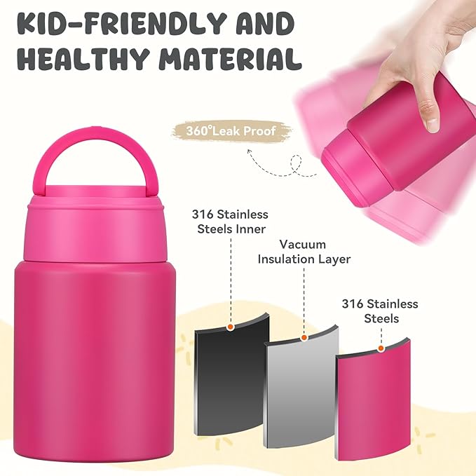 17oz Soup Thermo for Hot Food Kids Insulated Food Jar,Thermo Hot Food Lunch Container, Width Mouth Stainless Steel Lunch Box for Kids with Handle Folding Spoon(Rose Red-Pure)