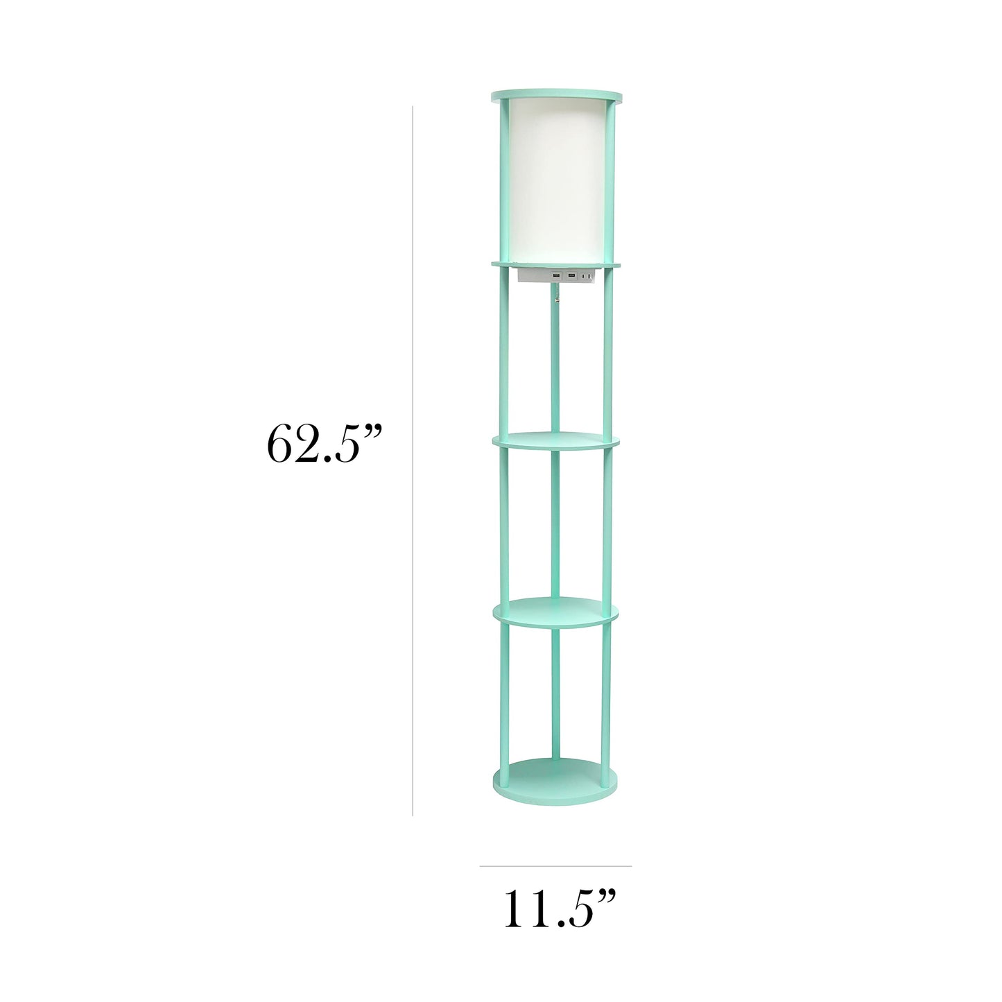 Simple Designs Round Shelf Etagere Floor Lamp with 2 USB Ports, Linen Shade, Aqua, 62.5in Tall, Model LF2010-AQU