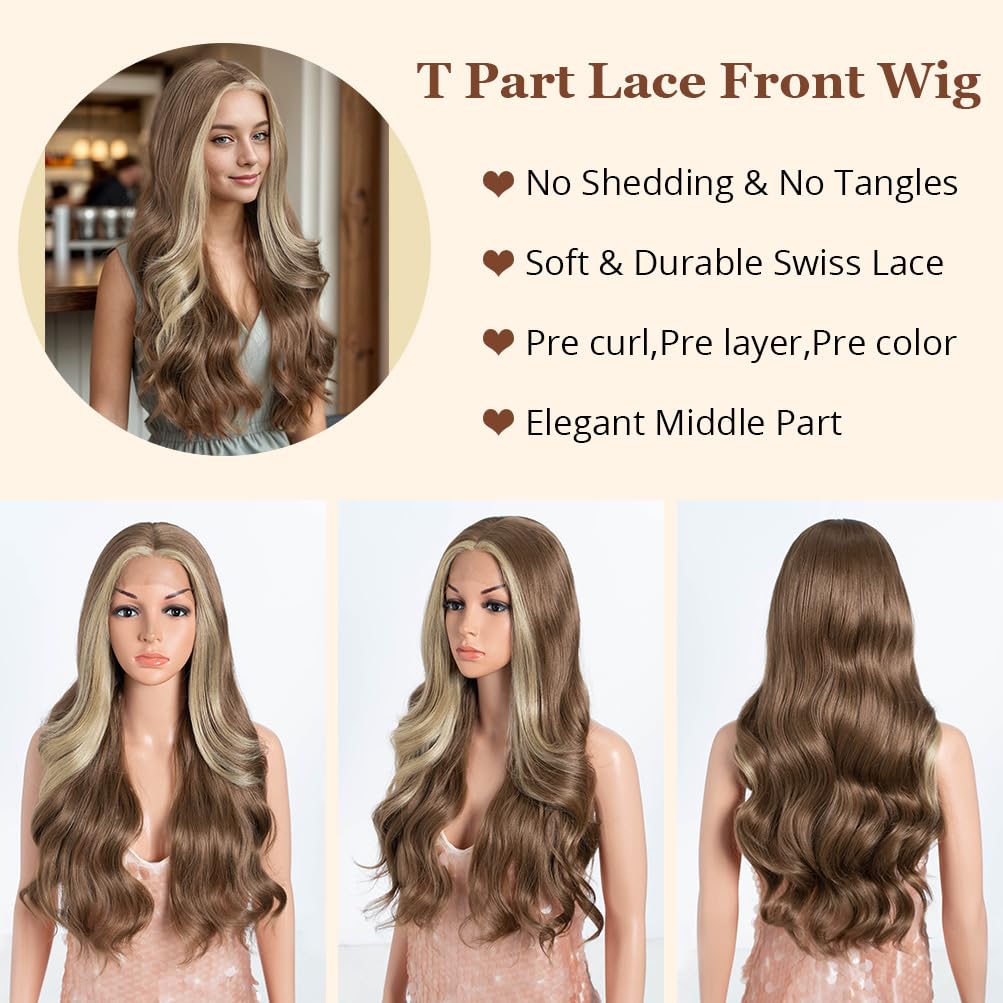 Style Icon HD Lace Front Wig 26 Inch Long Body Wave Wigs Highlight Beige Brown Color Synthetic Fiber Pre Plucked Baby Hair Centr