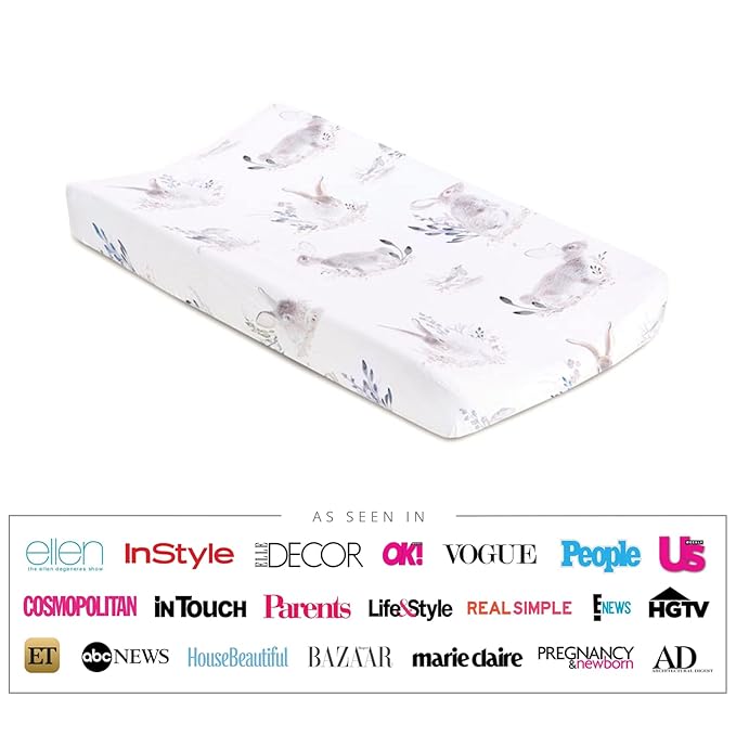 Oilo Changing Pad Cover, Breathable 100% Turkish Cotton Fitted Jersey, 300 Thread Count, Machine Washable, Fits Standard Changing Pads (32" x 16"), Girl, Boy, & Neutral Nursery Design, Cottontail