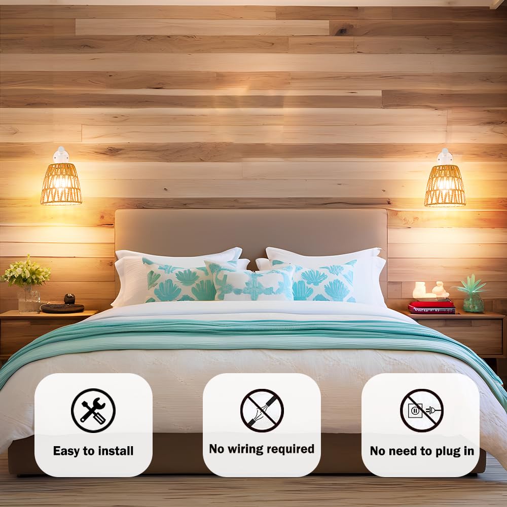Battery Operated Wall Sconce Set Of 2  Boho Usb Rechargeable Wall Lamp  White Farmhouse Rattan Sconce Lighting With Remote  Rgb 15 Colors Modes Rechargeable Wall Lights For Bedroom Livingroom Hallway