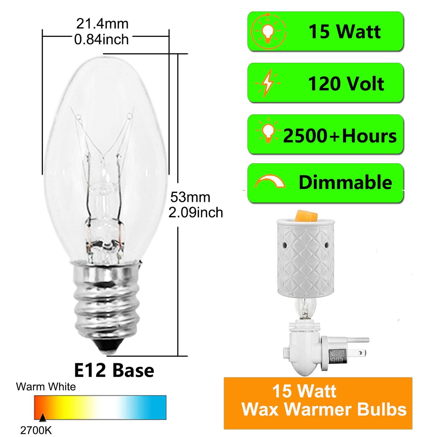 PaeorRorL Wax Warmer Bulbs, 15 Pack, 15 Watt C7 E12 Base, Compatible with Scentsy Plug-in Warmers, 120 Volt