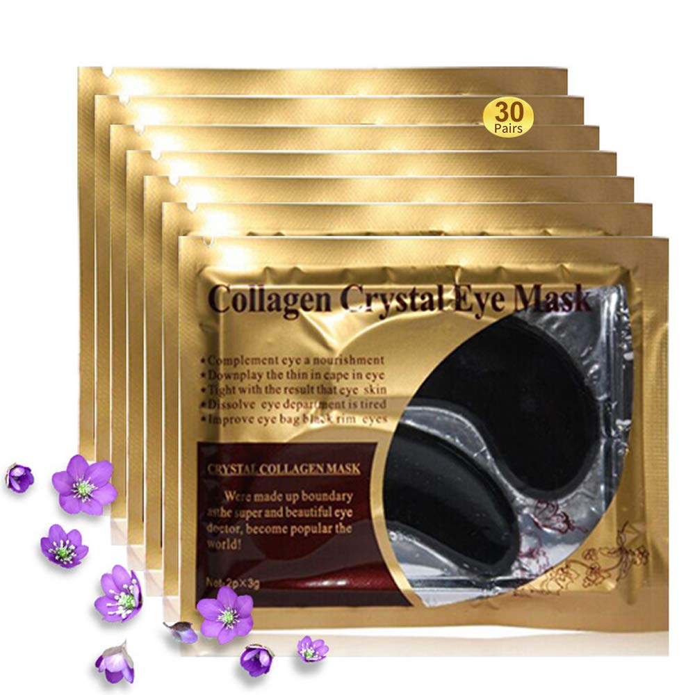 Eye Mask, 30 Pairs Collagen Under Eye Patches, Black Crystal Eye Gel Pads for Reducing Dark Circles, Lighten Wrinkles Anti-Aging Moisturizing, Fine Lines Eye Bags Puffiness Women Men