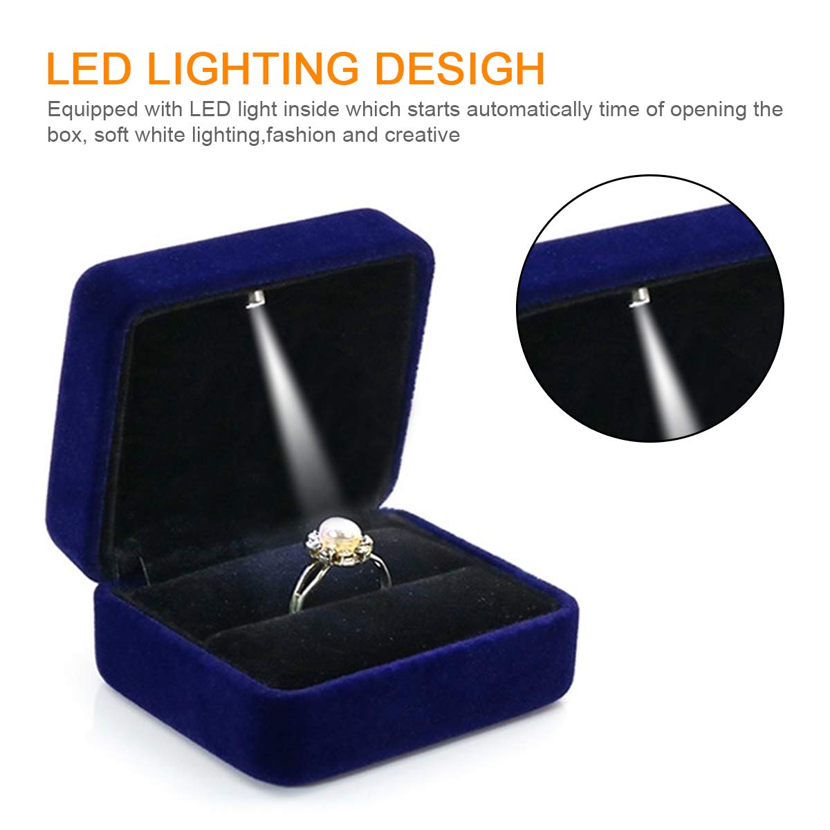 GBYAN Single Slot Velvet Ring Box for Engagement or Wedding with LED Light - Blue