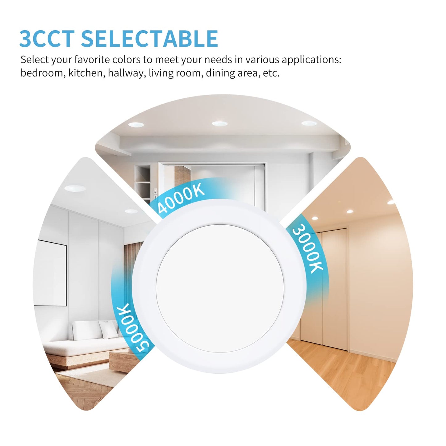 ECOELER 6-Inch Dimmable LED Disk Light, 15W, 1000lm, 3000K/4000K/5000K Selectable, Aluminum,