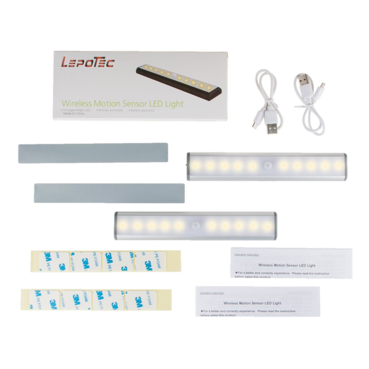 Lepotec Stick On Cabinet Light, 10 Led Motion Sensor Under Counter Light, Usb Rechargeable, Silver Warm White, Model W20Led-3, 2 Pack