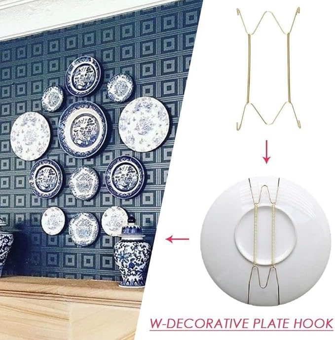 Gold Plate Dish Hanger Dismountable Wall Display Securing Clip W Type Dish Spring Holder Invisible Hook Home Decor Vertical Plate Holders (8 Inch)