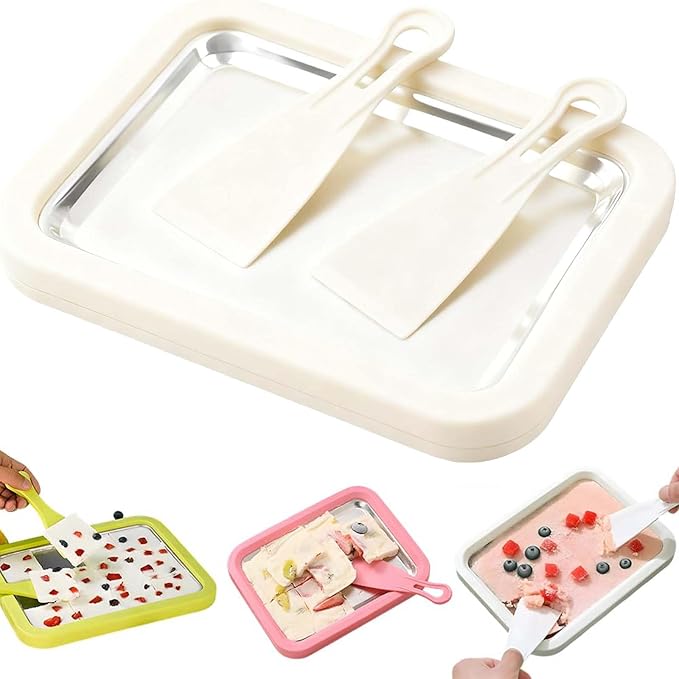 Rolled Ice Cream Maker Kit, 2026 New At-Home Stainless Steel Instant Freeze Plate with 2 Scrapers, DIY Rolled Ice Cream Tray, Perfect for Family Fun, Easy Homemade Desserts (White A)