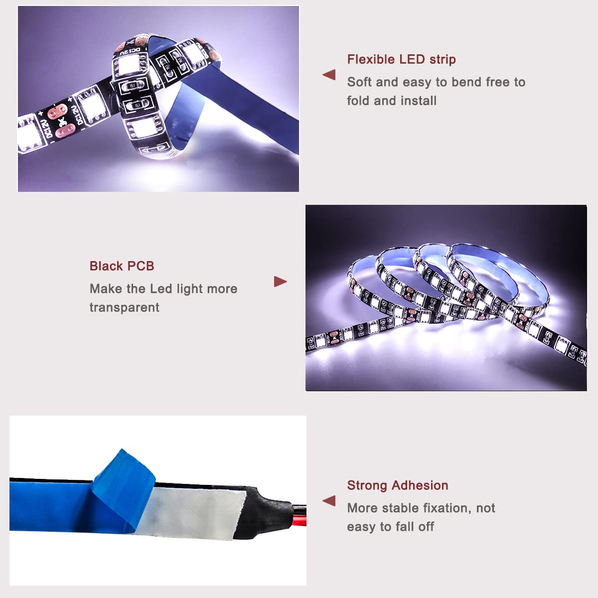 TX 12V LED Strip Light 16.4ft White SMD 5050 IP65 Waterproof Black PCB Model 810