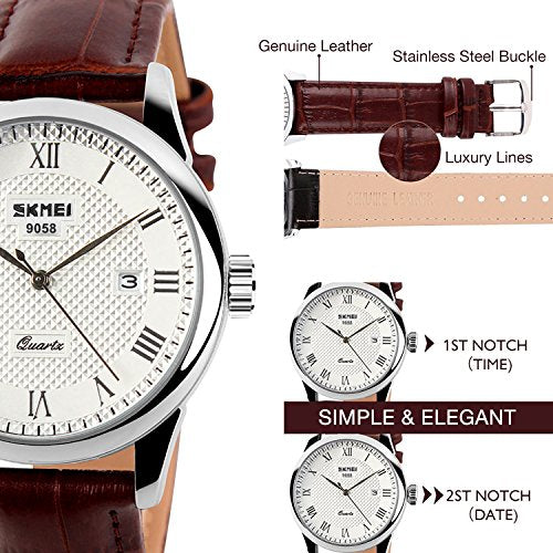 Mens Leather Band Quartz Watch, Men's Analog Business Working Roman Numeral Casual Waterproof Watches with Calendar Date D...
