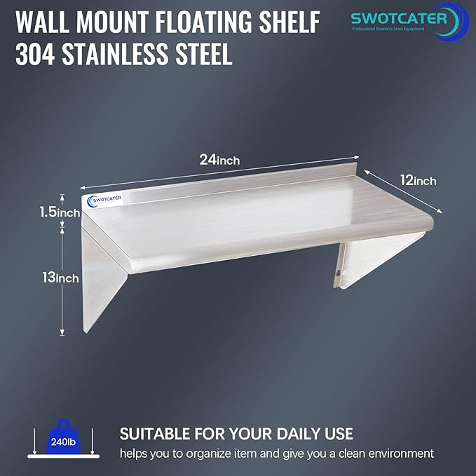 2 Pack Stainless Steel Shelf 12"x24" 260LB, Commercial Wall Mounted Metal Shelving for Home Kitchen, Restaurant