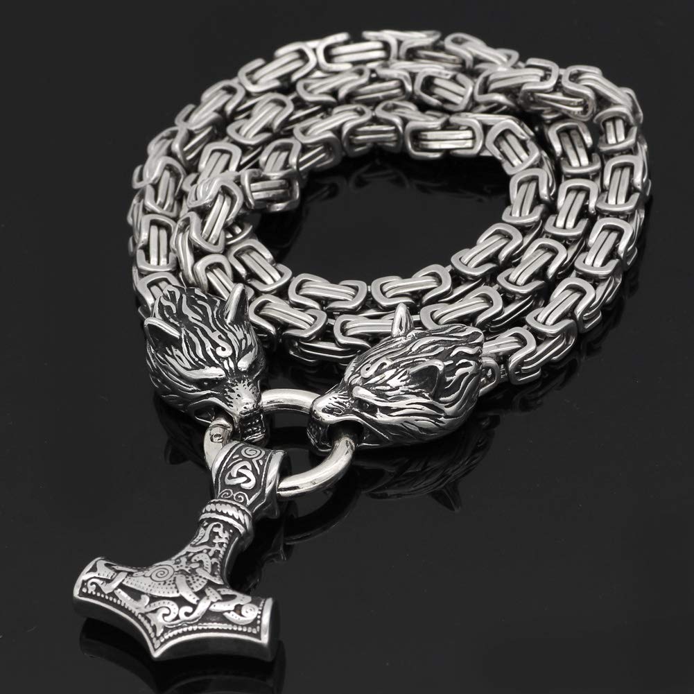 GuoShuang Men Stainless Steel Wolf Head Norse Viking Amulet Thor Mjolnir Necklace King Chain with Valknut Gift Bag (28 INCH)