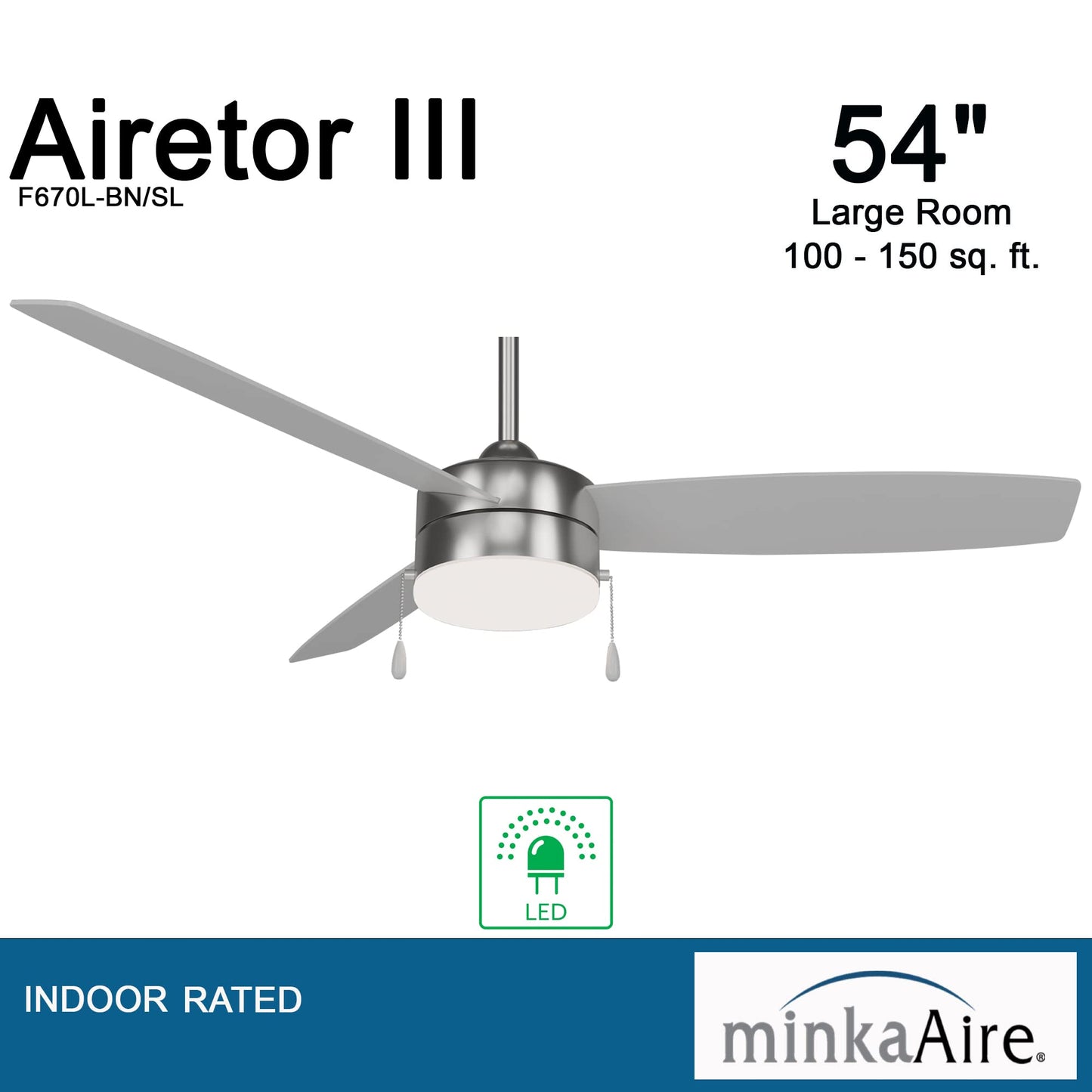 Minka-Aire F670L-Bn/Sl Airetor Iii 54 Ceiling Fan With Led Light And Pull Chain In Brushed Nickel Finish
