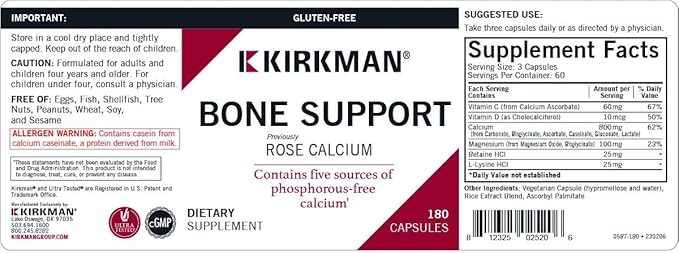 Kirkman Bone Support Calcium Supplement, 180 Vegetarian Capsules, Bone Strength Supplements to Help Maintain Density, Five Sources of Phosphorus-Free Calcium, Vitamin C, D & Magnesium