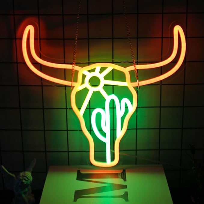 Bull Cactus Sun Neon Sign Texas Longhorn Bull Neon Lights for Bedroom Western Landscape LED Sign Cow Head Neon Lights Signs Orange Cowboy Light Up Signs for Wall Bar Man Cave Game Room Decor