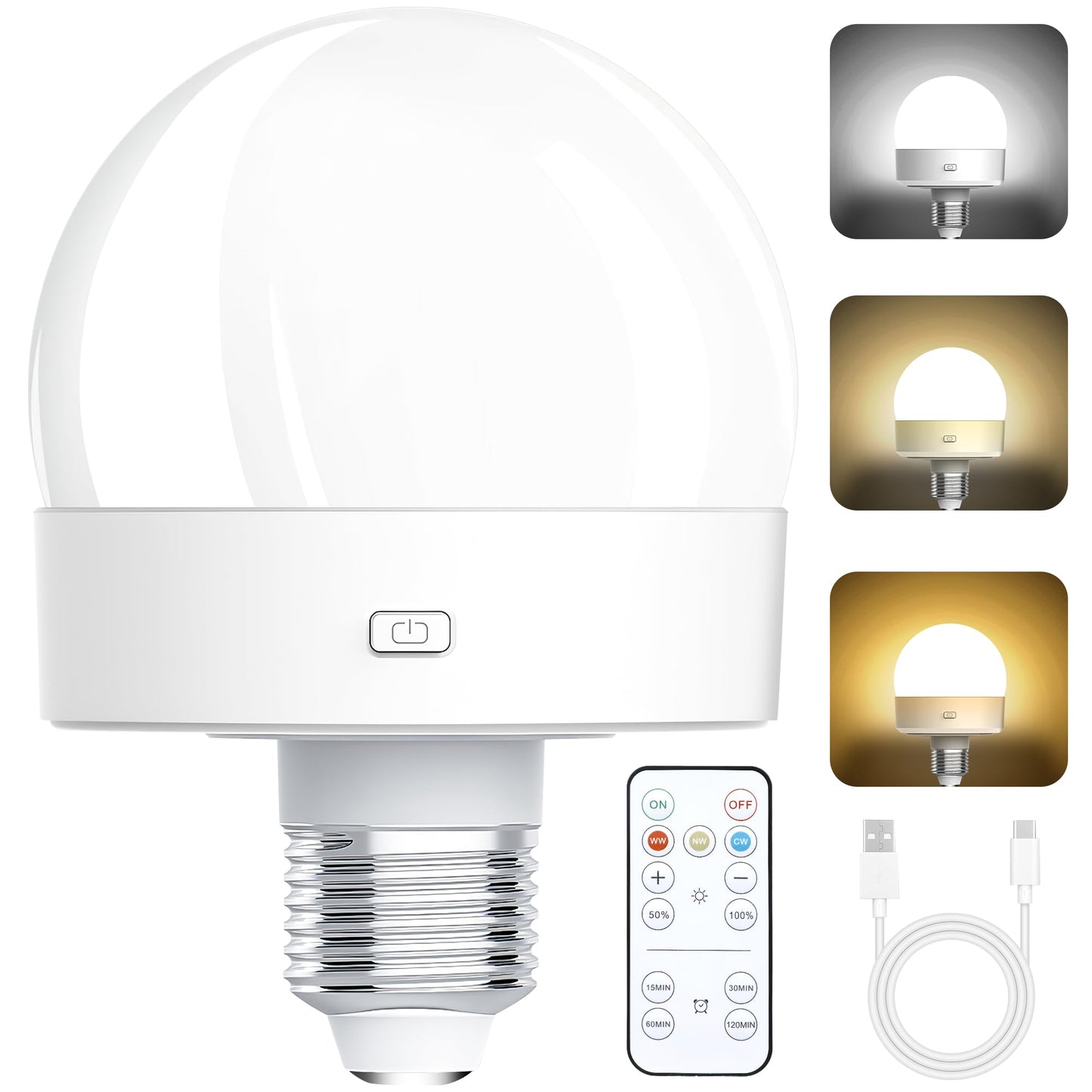 Rechargeable Battery Operated Light Bulbs, E26 Screw in (Magnetic Detachable) Light Bulb for Lamps with Remote Control Dimmable＆Timer, Wireless Puck Emergency Lamp for Non-Hardwired Wall Sconce
