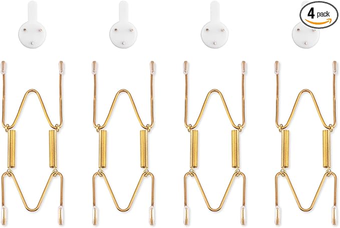 4 Pack Plate Hangers for The Wall, Suitable for 4-5 inch Art Plate, Stainless Steel Invisible Heavy Duty Wire Plate Holder with Wall Hooks, Plate Hangers for Displaying Plates, Platter, Dish, Gold