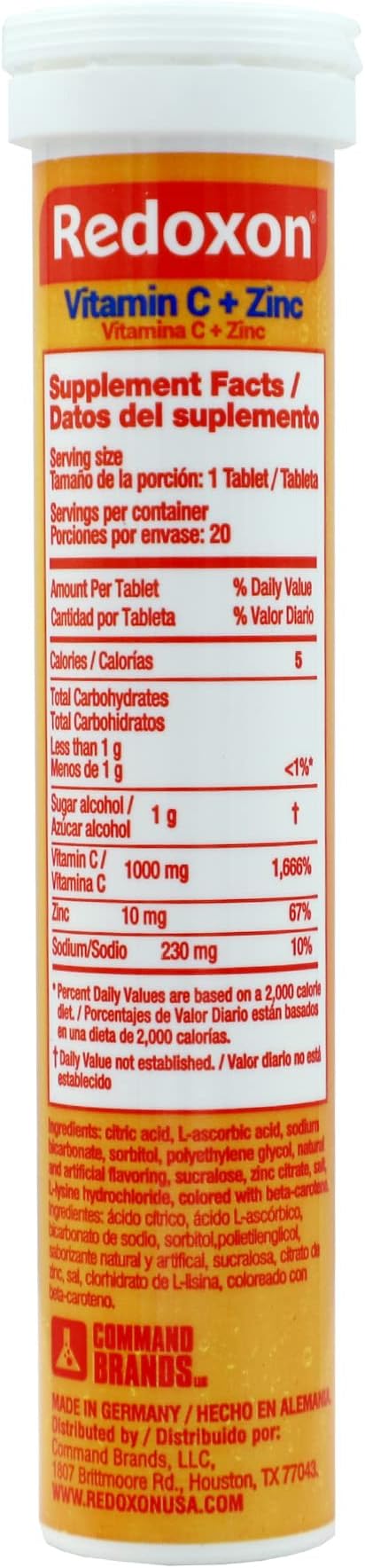 Redoxon Vitamin C + Zinc, Effervescent Tablets of Vitamin C and Zinc, Helps Support Your Immune System, Orange Flavor, 20 Effervescent Tablets, 2.82 Oz, Box (Pack of 4)