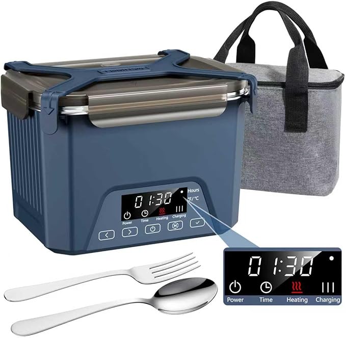 Cordless Electric Lunch Box, 1.2L Self Heating Lunch Box Battery Powered with Automatic Heating, BPA Free, Meal Prep Friendly (Blue)