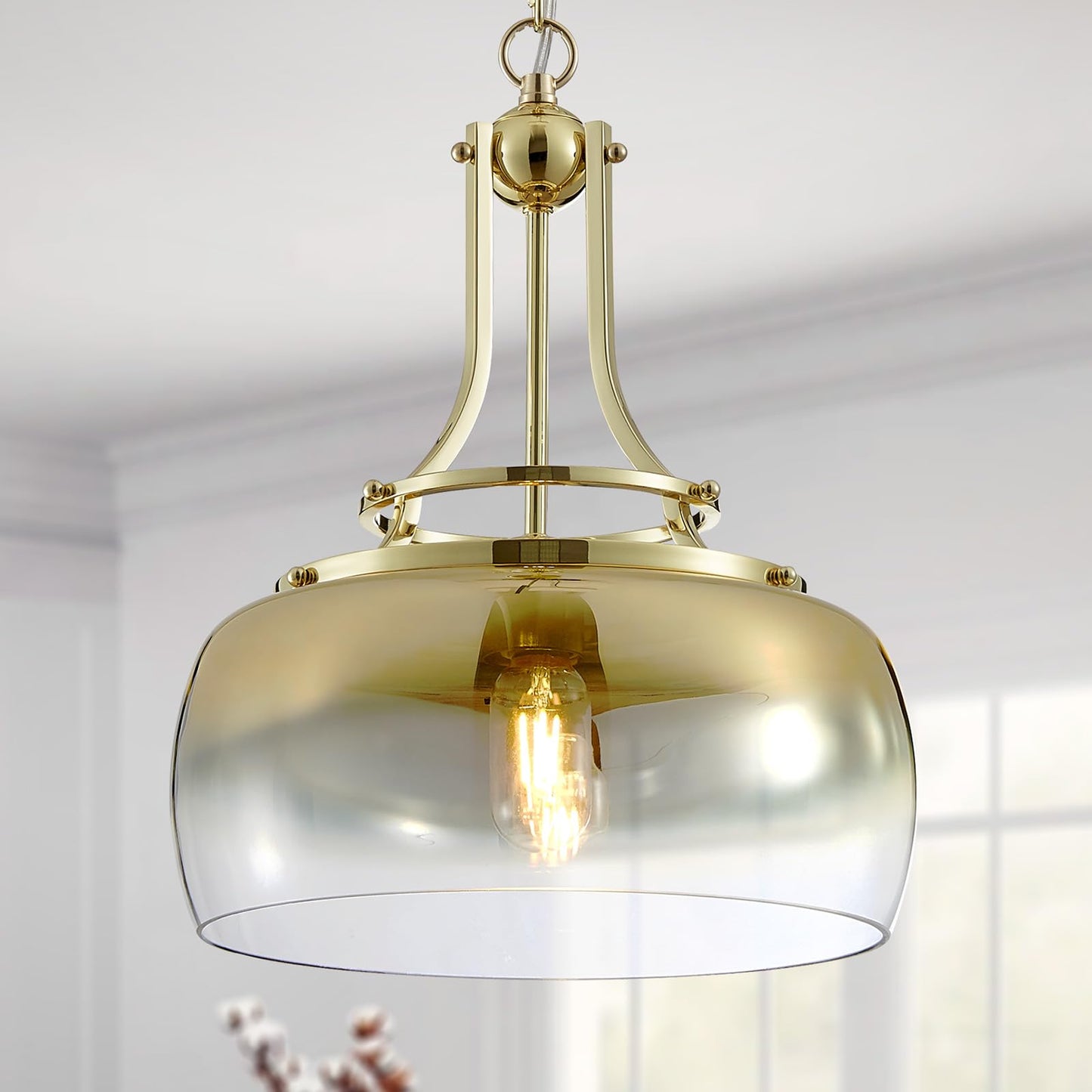 WUZUPS Gold Chandelier Pendant Light Fixture, Gradient Glass Shade, 17inH x 13.4inW, Metal, Model USHD9607PB, Rustic Farmhouse Style