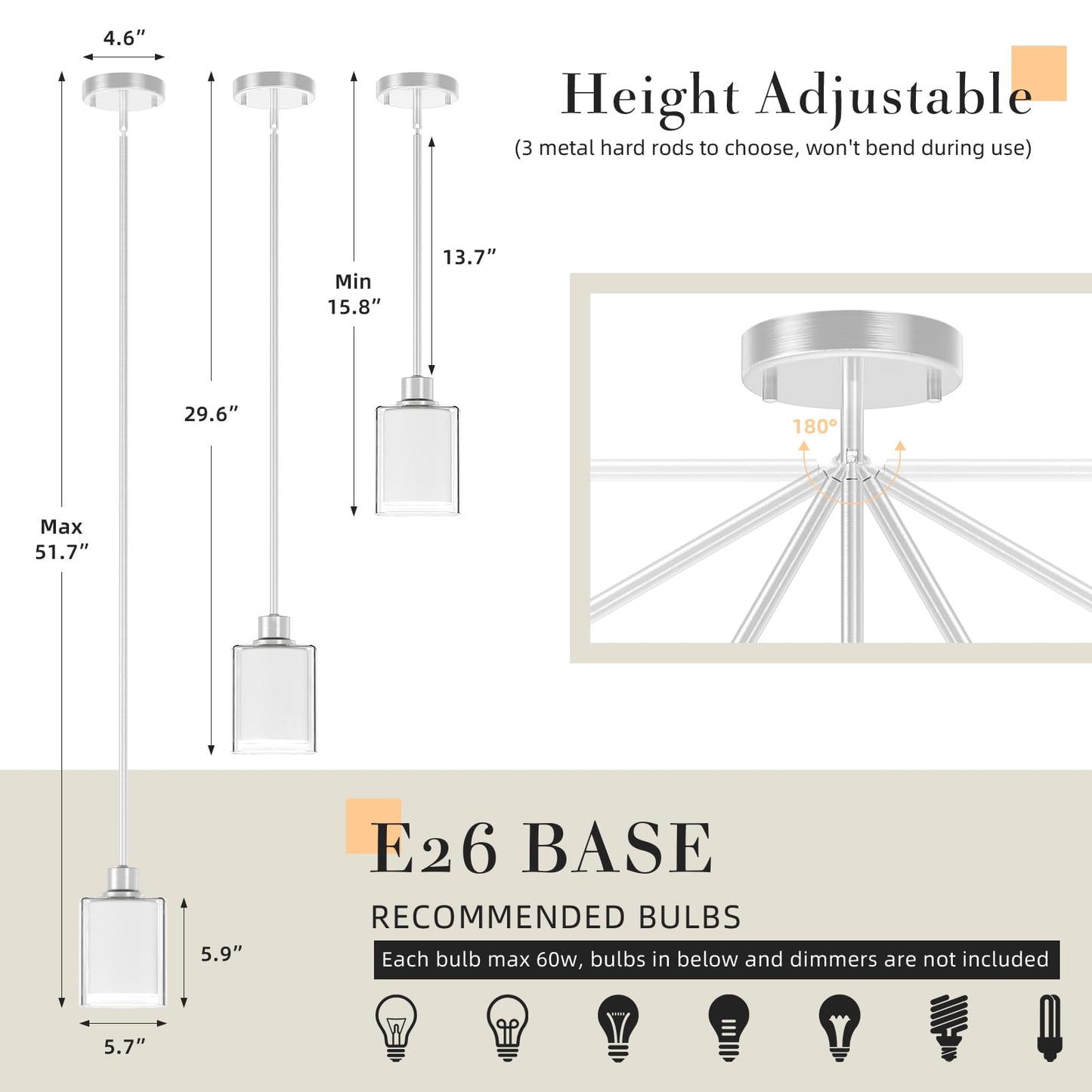 Lightbiz Pendant Light - Adjustable Rod, Clear Dual Glass, 3 Color Temperatures, Brushed Nickel, 2 Pack, Model L400