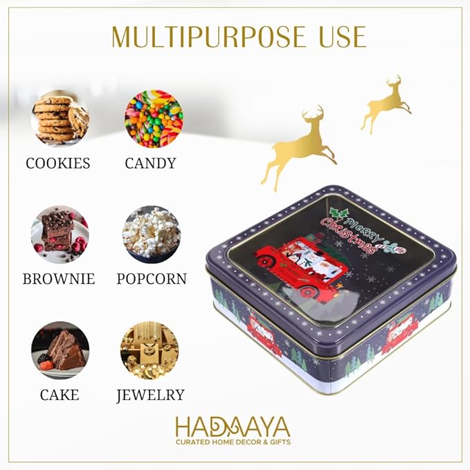Metal Cookie Tin with Clear Lid 2 Pack – Square Multipurpose Storage Container for Cookies, Candy, Snacks, Chocolate Cake, Crafts – Ideal for Parties & Gift Giving – Merry Christmas Design