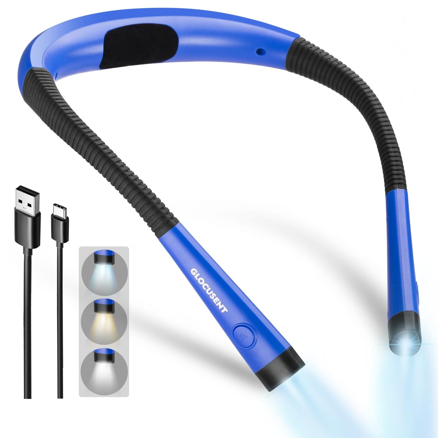 Glocusent Book Light, 3-Color & 6-Brightness, Medium Size, Lake Blue, Model GLCSNTBL001, Rechargeable, Bendable Neck