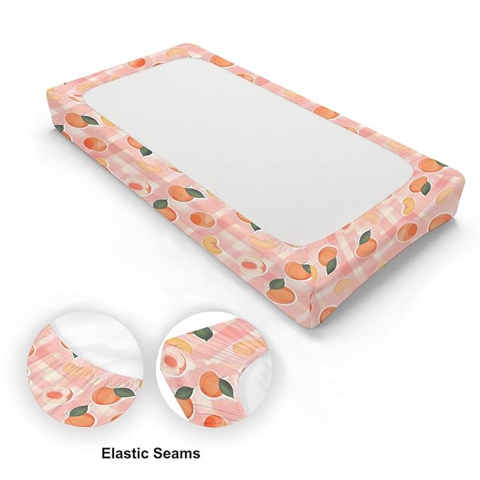 Summer Peaches Leaves Checkered Pattern Baby Changing Pad Cover, Unisex Fruits Nursery Diaper Changing Table Pad Mat Sheet for Boys Girls-16x32