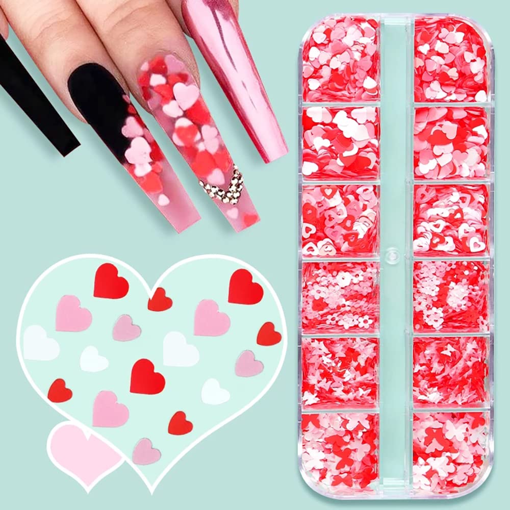 Valentines Nail Glitters, Holographic Heart Nail Glitter Sequins Red White Heart Butterfly Flowers Mixed Design Valentines Day N