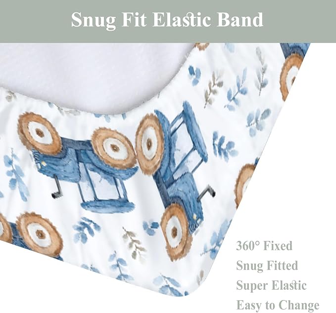 Watercolor Blue Tractors Baby Changing Pad Covers for Boy Girl Farm Tractors Boho Leaves Fitted Change Table Mats Farm Life Soft Diaper Change Table Cover Sheets for 32''×16'' Contoured Pad
